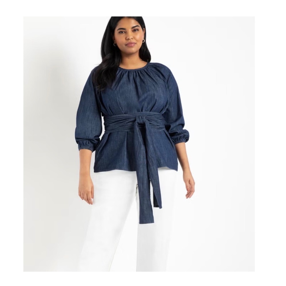 Eloquii Tunic Top Dark Wash Blue Chambray Belted Long Sleeve Peasant Boho 22